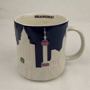 Starbucks Shanghai China City Mug Blue White 3D Skyline Relief 16oz 2012